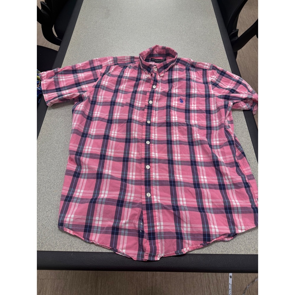 US Polo Assn Mens Large Pink Navy Blue Plaid Short Sleeve Button Down Shirt L